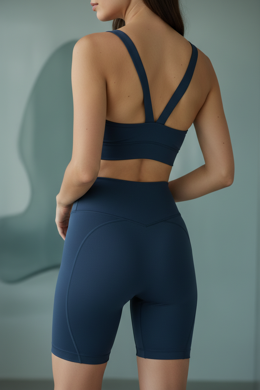 Back view showing V-back bra and high-waist shorts